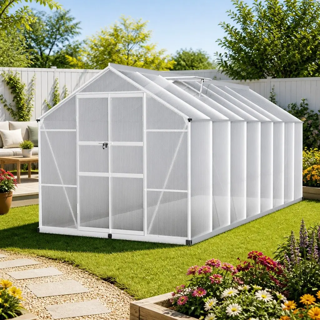 Aluminium Greenhouse 4.7x2.5x2.26M Double Doors Polycarbonate Garden Shed