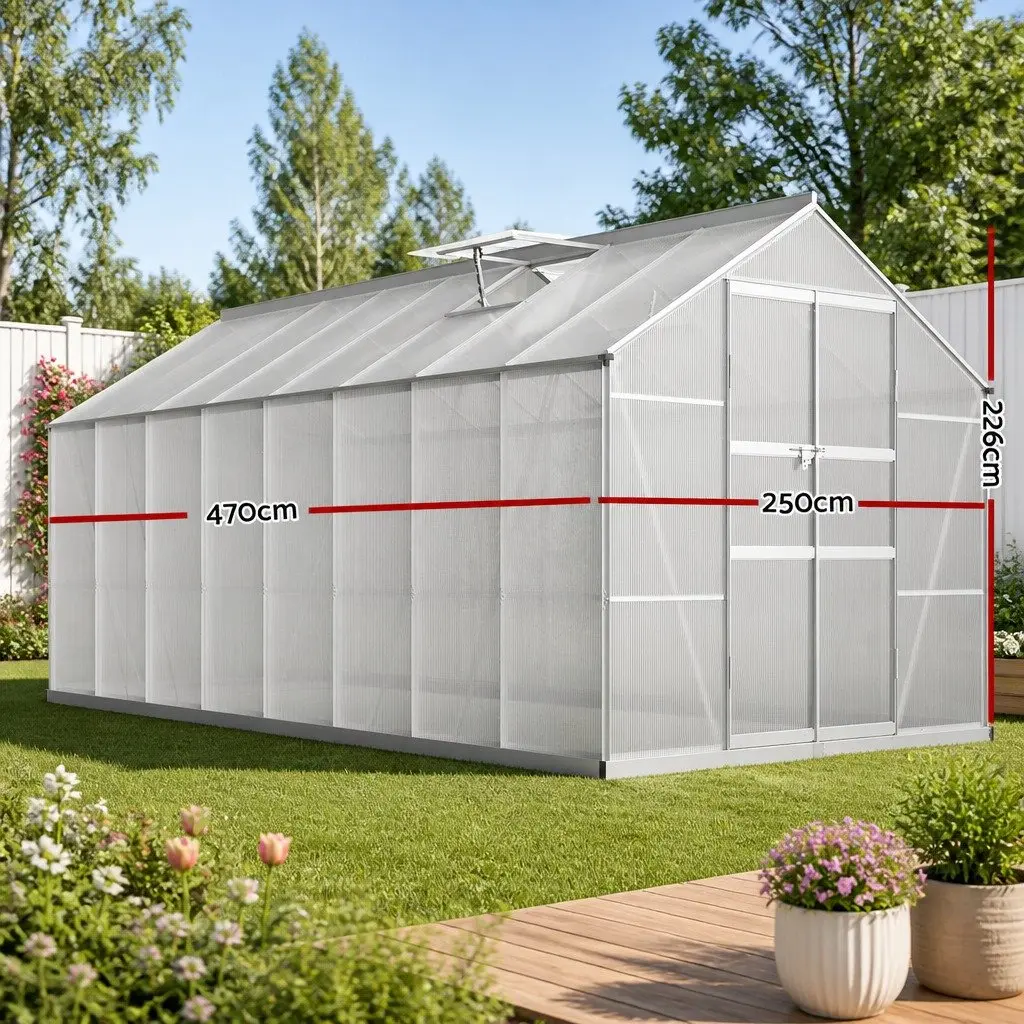 Aluminium Greenhouse 4.7x2.5x2.26M Double Doors Polycarbonate Garden Shed