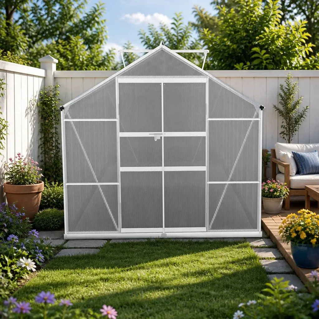 Aluminium Greenhouse 4.7x2.5x2.26M Double Doors Polycarbonate Garden Shed