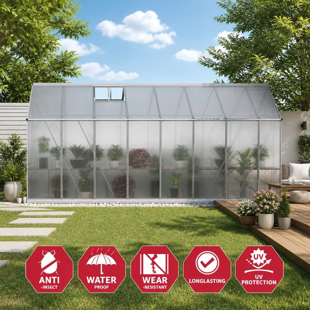 Aluminium Greenhouse 4.7x2.5x2.26M Double Doors Polycarbonate Garden Shed
