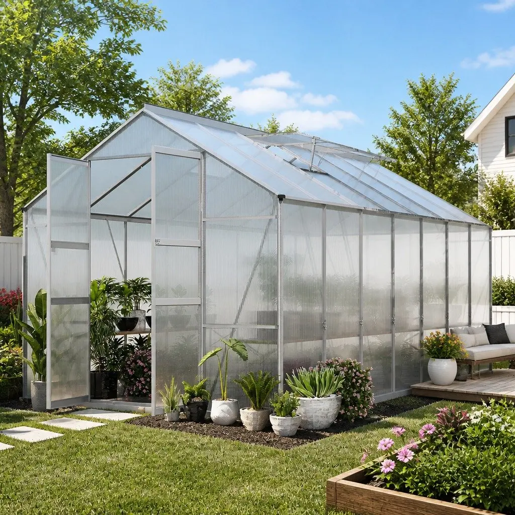 Aluminium Greenhouse 4.7x2.5x2.26M Double Doors Polycarbonate Garden Shed