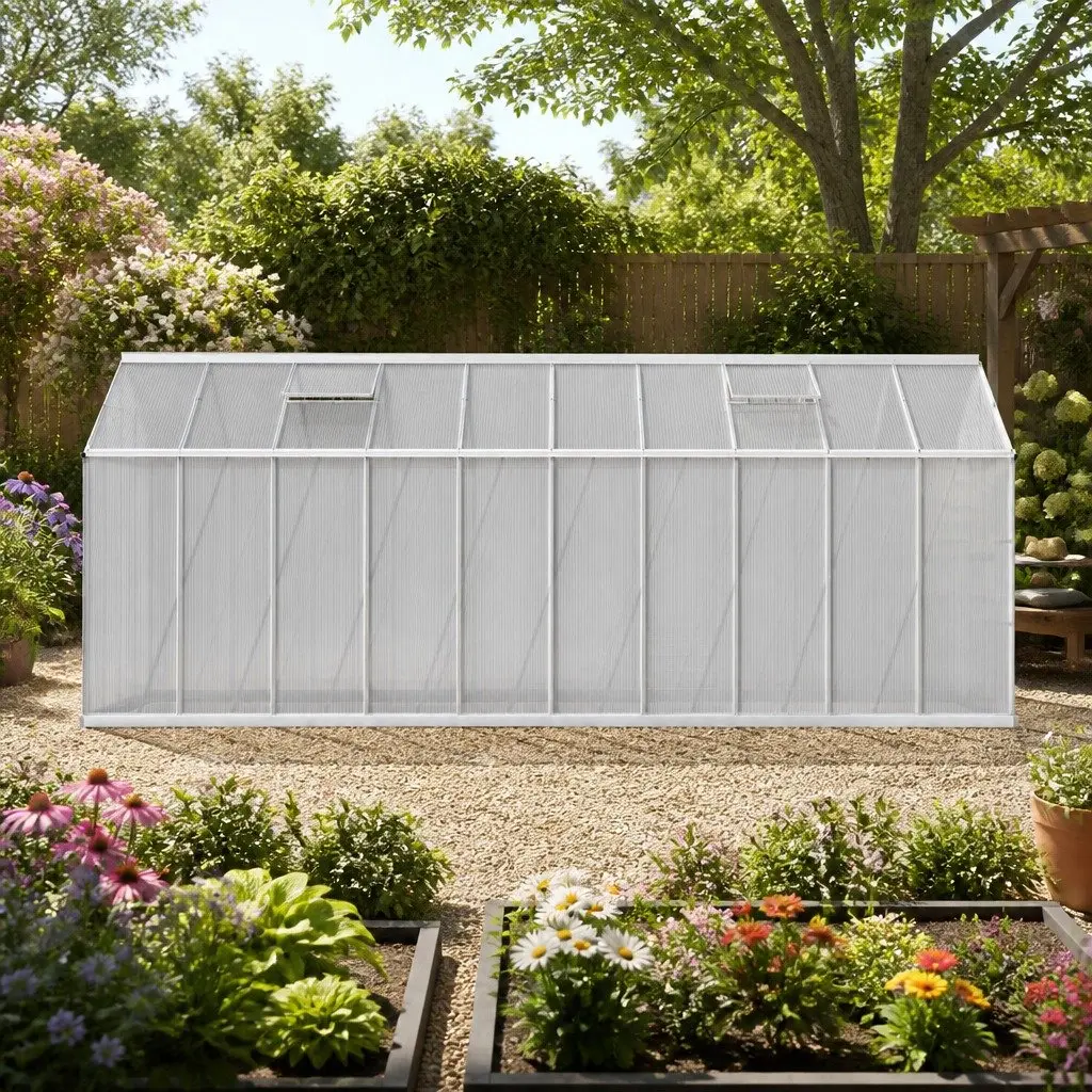 Aluminium Greenhouse 6.03x2.44x2.68M Garden Double Doors Polycarbonate Panels Silver