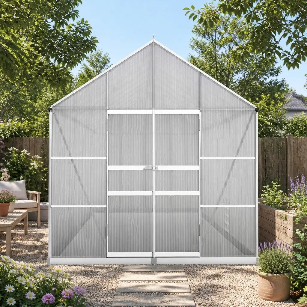 Aluminium Greenhouse 6.03x2.44x2.68M Garden Double Doors Polycarbonate Panels Silver