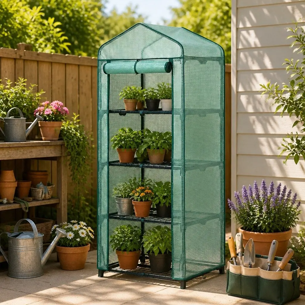 Mini Greenhouse Portable 4 Tier Plant Shelf 70 x 50 x 160cm Green