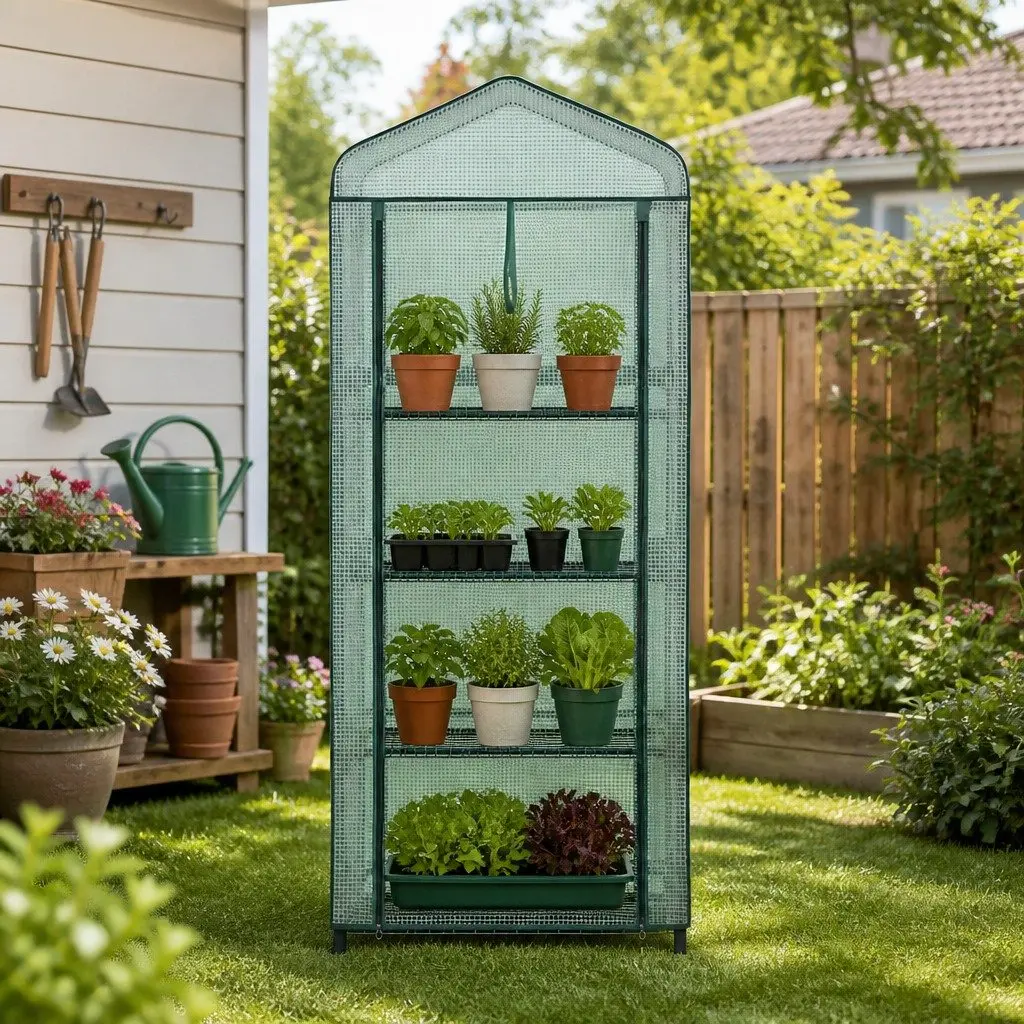 Mini Greenhouse Portable 4 Tier Plant Shelf 70 x 50 x 160cm Green