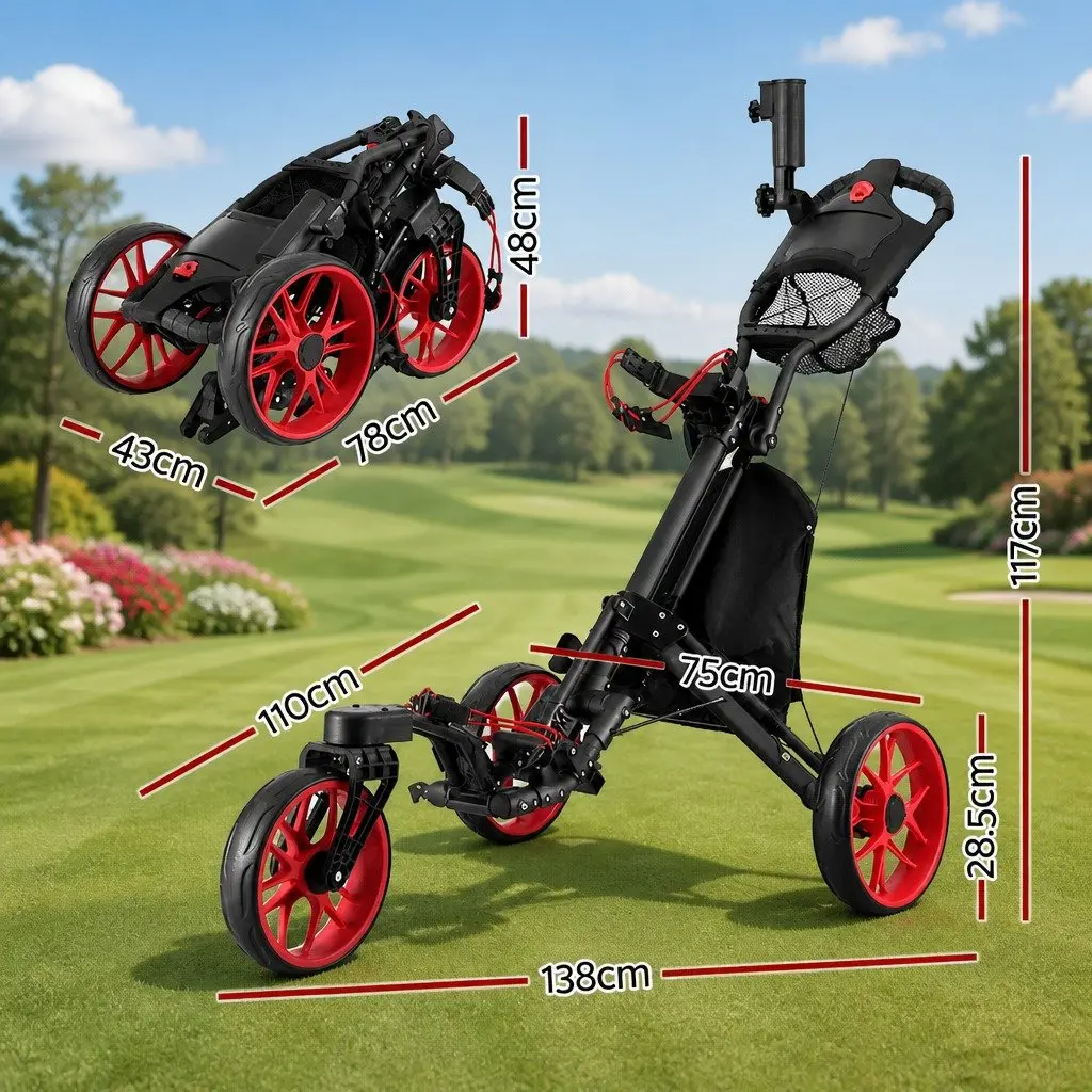 Golf Trolley Cart 3 Wheel Foldable Buggy Black and Red