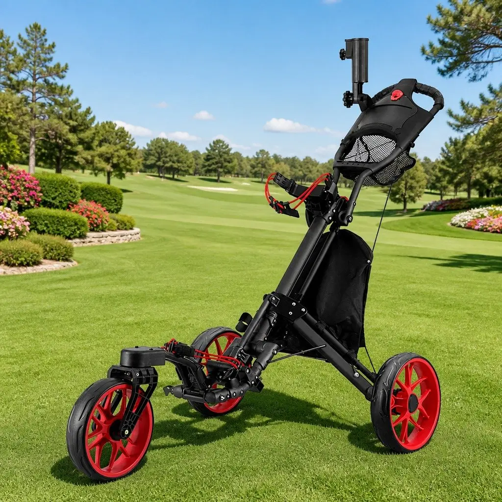 Golf Trolley Cart 3 Wheel Foldable Buggy Black and Red