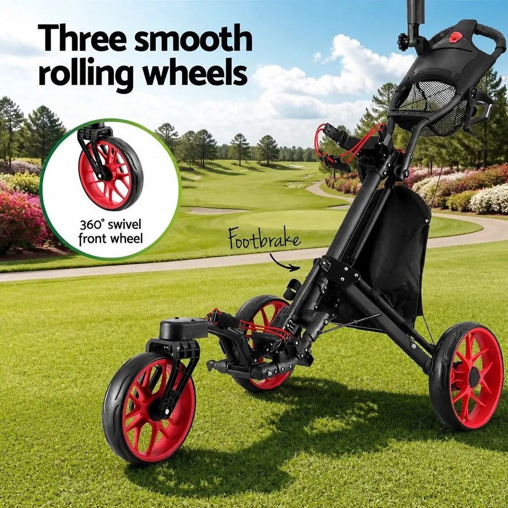 Golf Trolley Cart 3 Wheel Foldable Buggy Black and Red