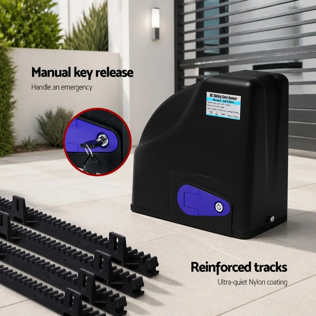 Automatic Sliding Gate Opener Kit Solar Powered Remote Control 4M 600KG Black