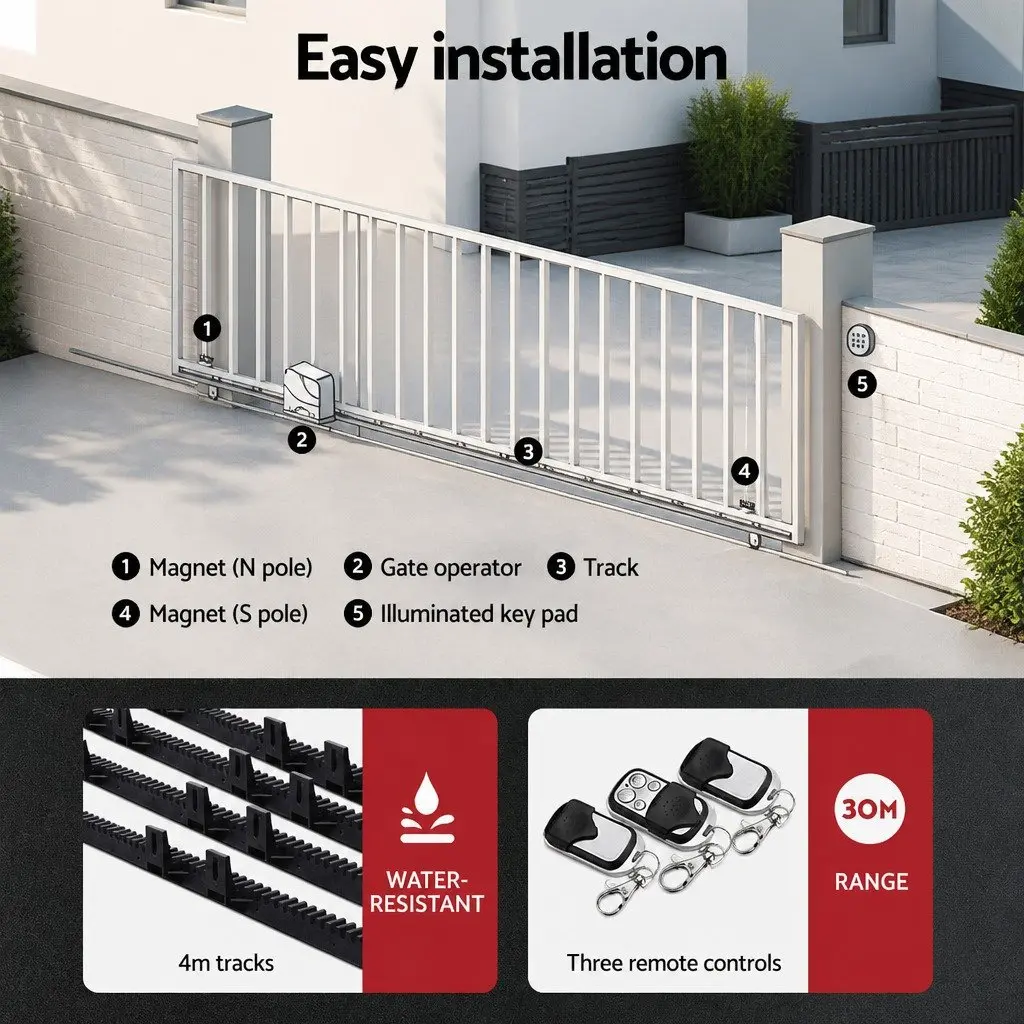 Automatic Sliding Gate Opener Kit Solar Powered Remote Control 4M 600KG Black
