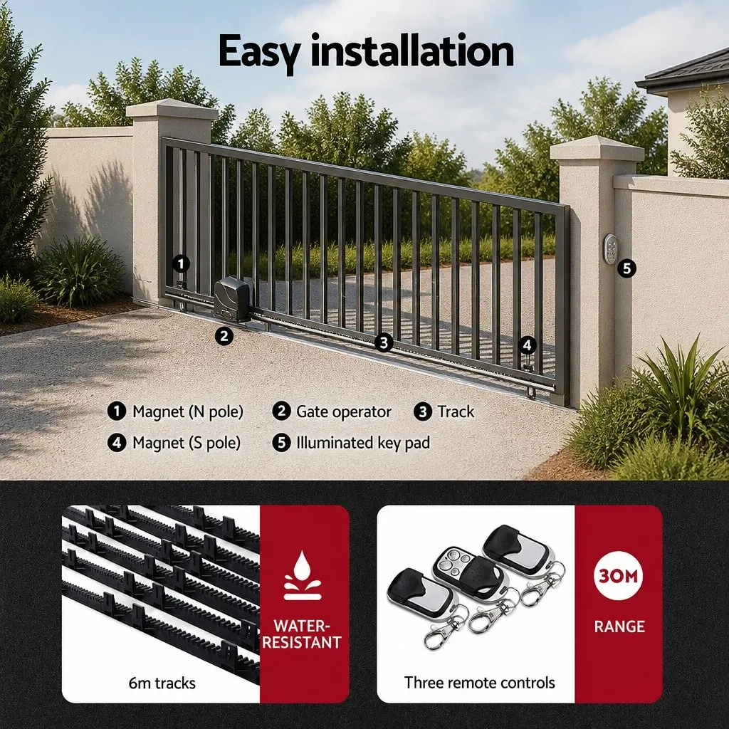 Sliding Gate Opener Kit Solar-Powered 600KG 6M with Remote Controls