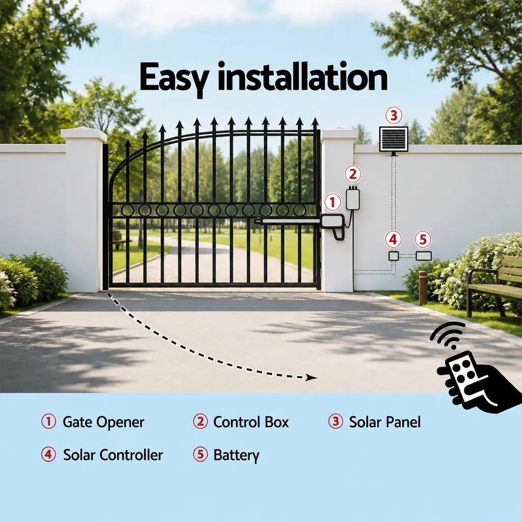 Solar Gate Opener Automatic Control Single Swing 500kg 5.5m Black White