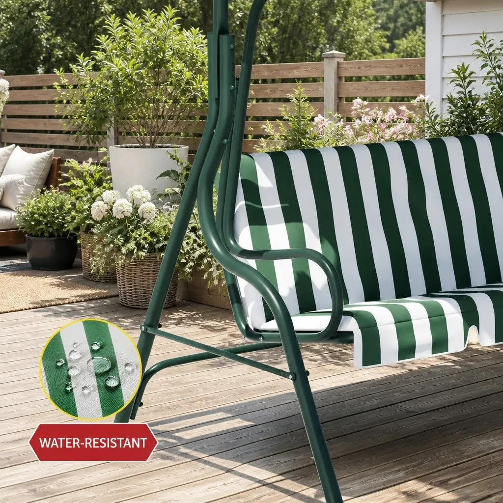 Outdoor Swing Chair 3 Seater Garden Bench Furniture Adjustable Canopy White Green