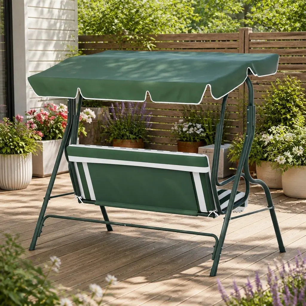 Outdoor Swing Chair 3 Seater Garden Bench Furniture Adjustable Canopy White Green