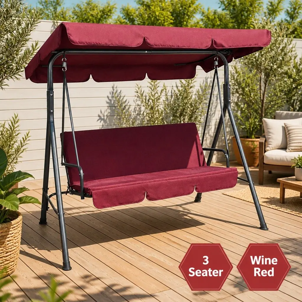 Outdoor Swing Chair 3 Seater Garden Bench Lounge Wine Red
