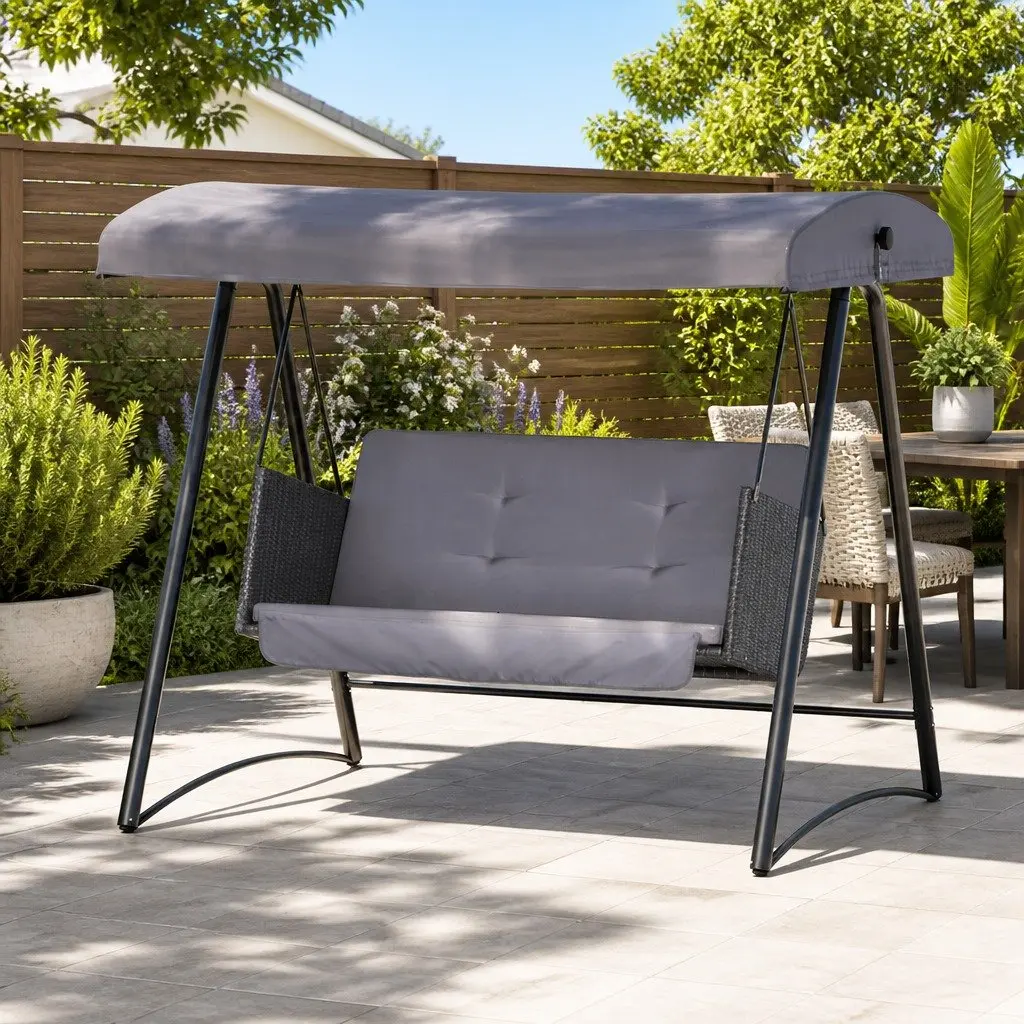Outdoor Swing Chair 3 Seater Garden Bench Furniture Rattan Canopy Grey Black