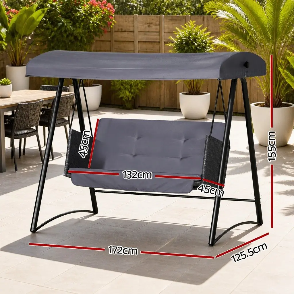 Outdoor Swing Chair 3 Seater Garden Bench Furniture Rattan Canopy Grey Black