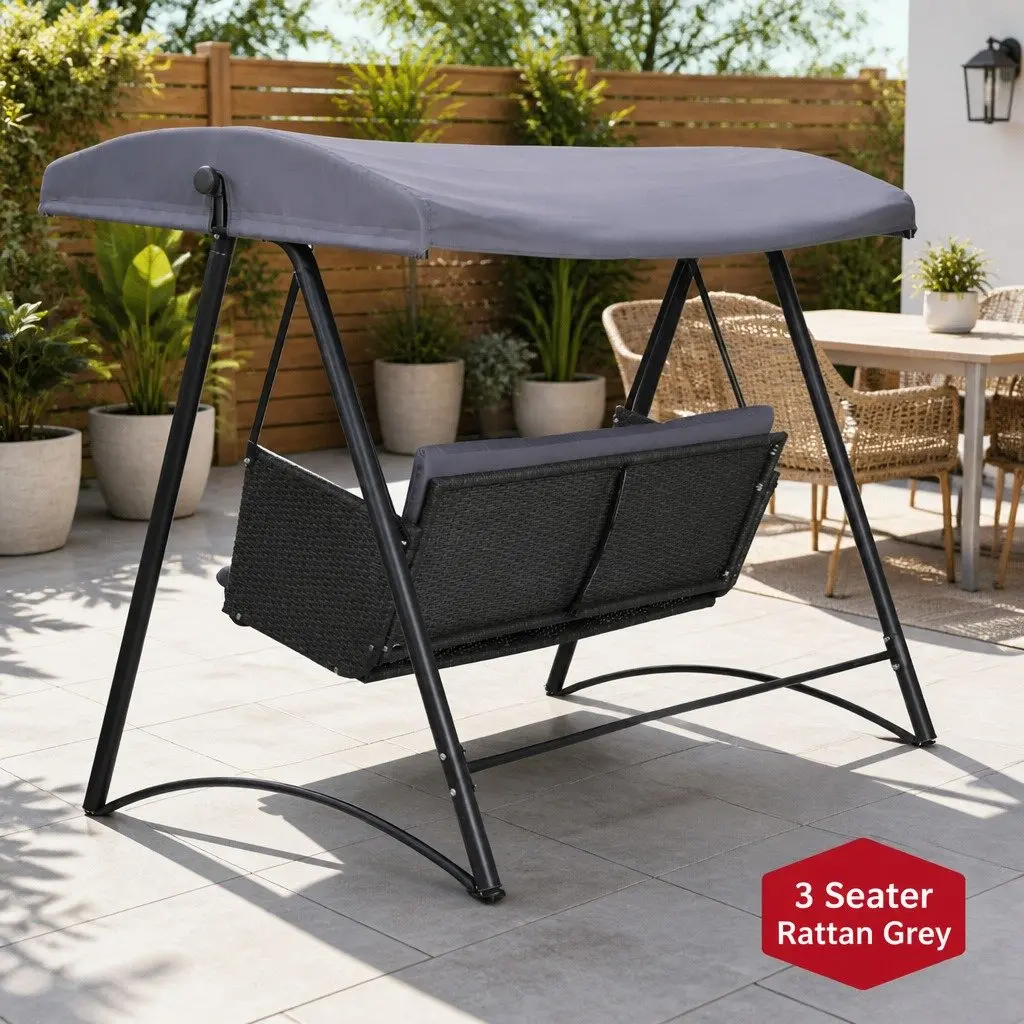 Outdoor Swing Chair 3 Seater Garden Bench Furniture Rattan Canopy Grey Black