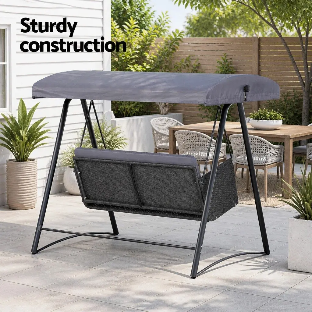 Outdoor Swing Chair 3 Seater Garden Bench Furniture Rattan Canopy Grey Black