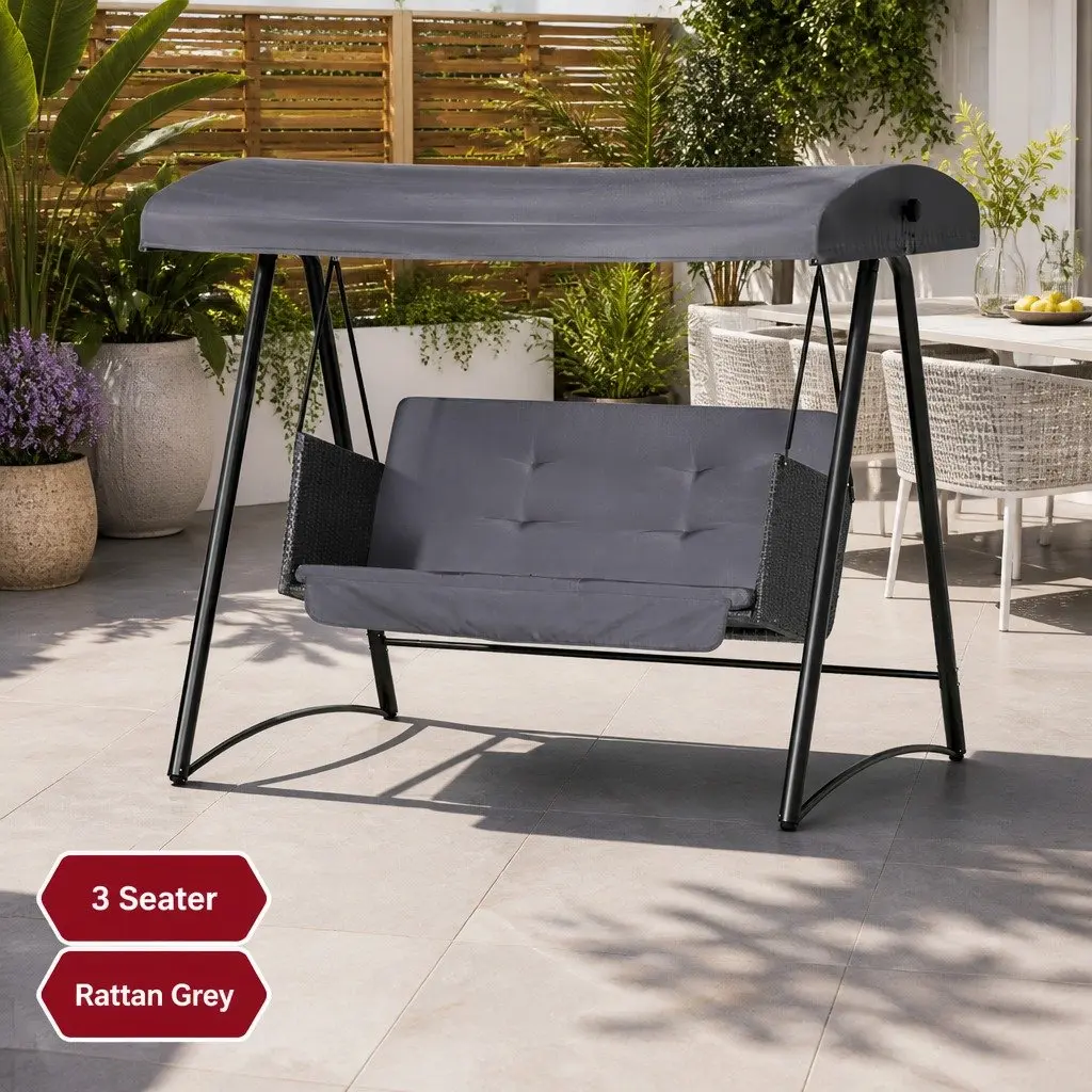 Outdoor Swing Chair 3 Seater Garden Bench Furniture Rattan Canopy Grey Black