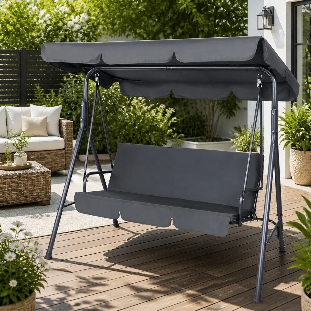 Outdoor Swing Chair 3 Seater Garden Bench Furniture Canopy Grey