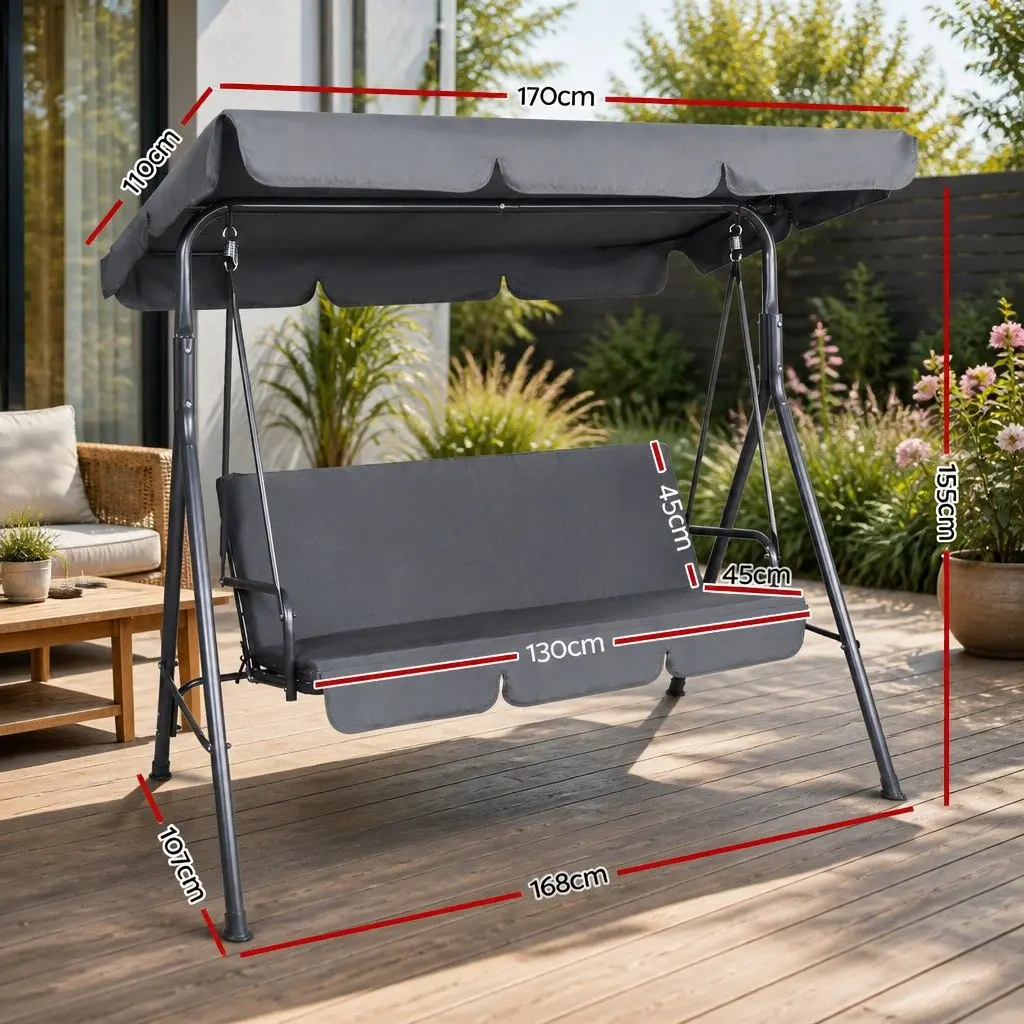 Outdoor Swing Chair 3 Seater Garden Bench Furniture Canopy Grey