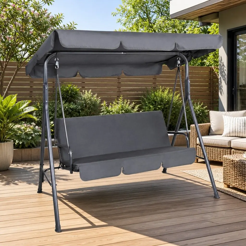 Outdoor Swing Chair 3 Seater Garden Bench Furniture Canopy Grey
