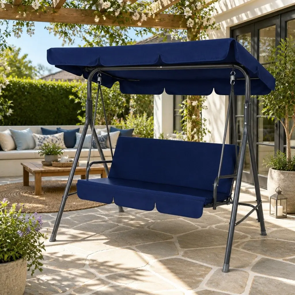 Outdoor Swing Chair Three Seater Garden Canopy Bench Navy Blue
