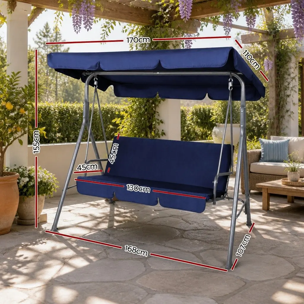 Outdoor Swing Chair Three Seater Garden Canopy Bench Navy Blue