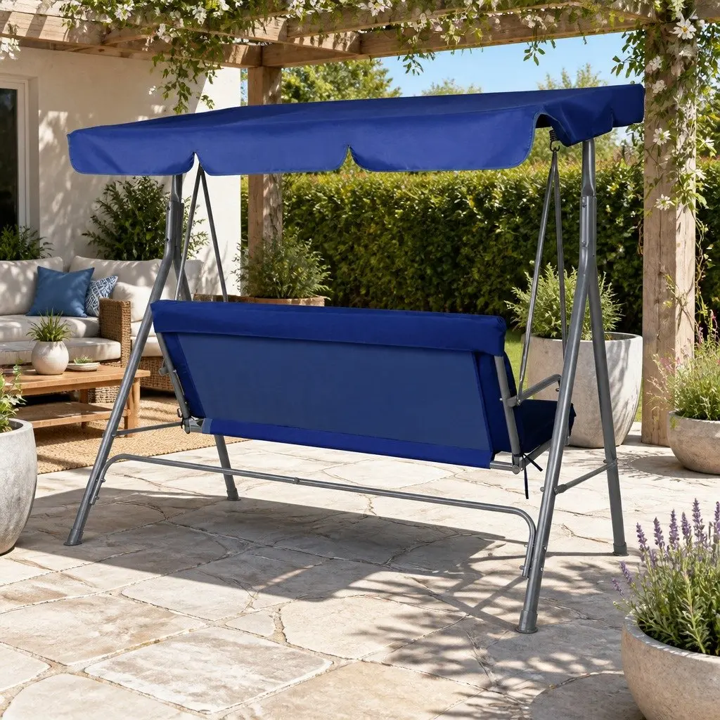 Outdoor Swing Chair Three Seater Garden Canopy Bench Navy Blue