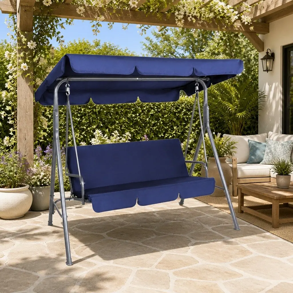 Outdoor Swing Chair Three Seater Garden Canopy Bench Navy Blue