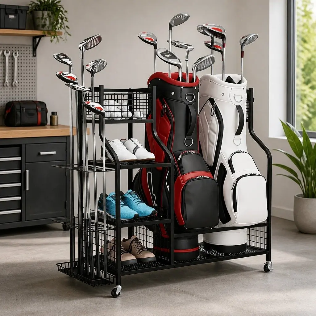 Golf Bag Storage Rack Organizer Mobile with Wheels Black