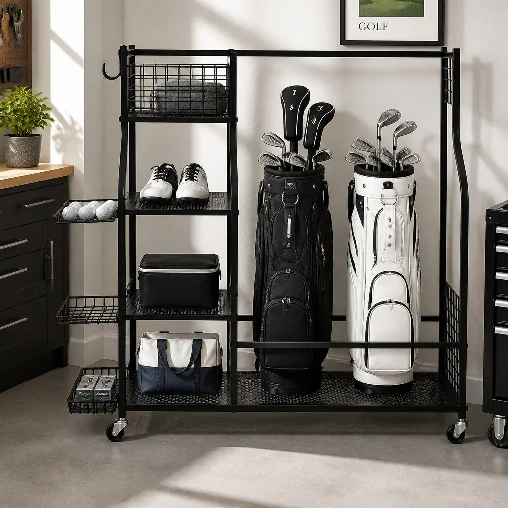 Golf Bag Storage Rack Organizer Mobile with Wheels Black