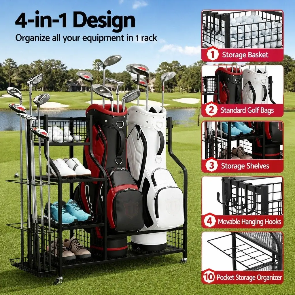 Golf Bag Storage Rack Organizer Mobile with Wheels Black