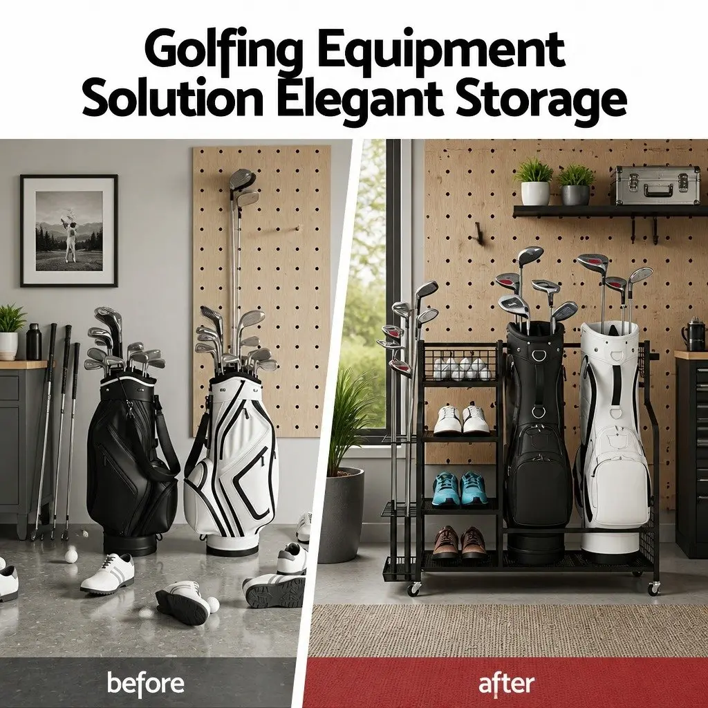 Golf Bag Storage Rack Organizer Mobile with Wheels Black