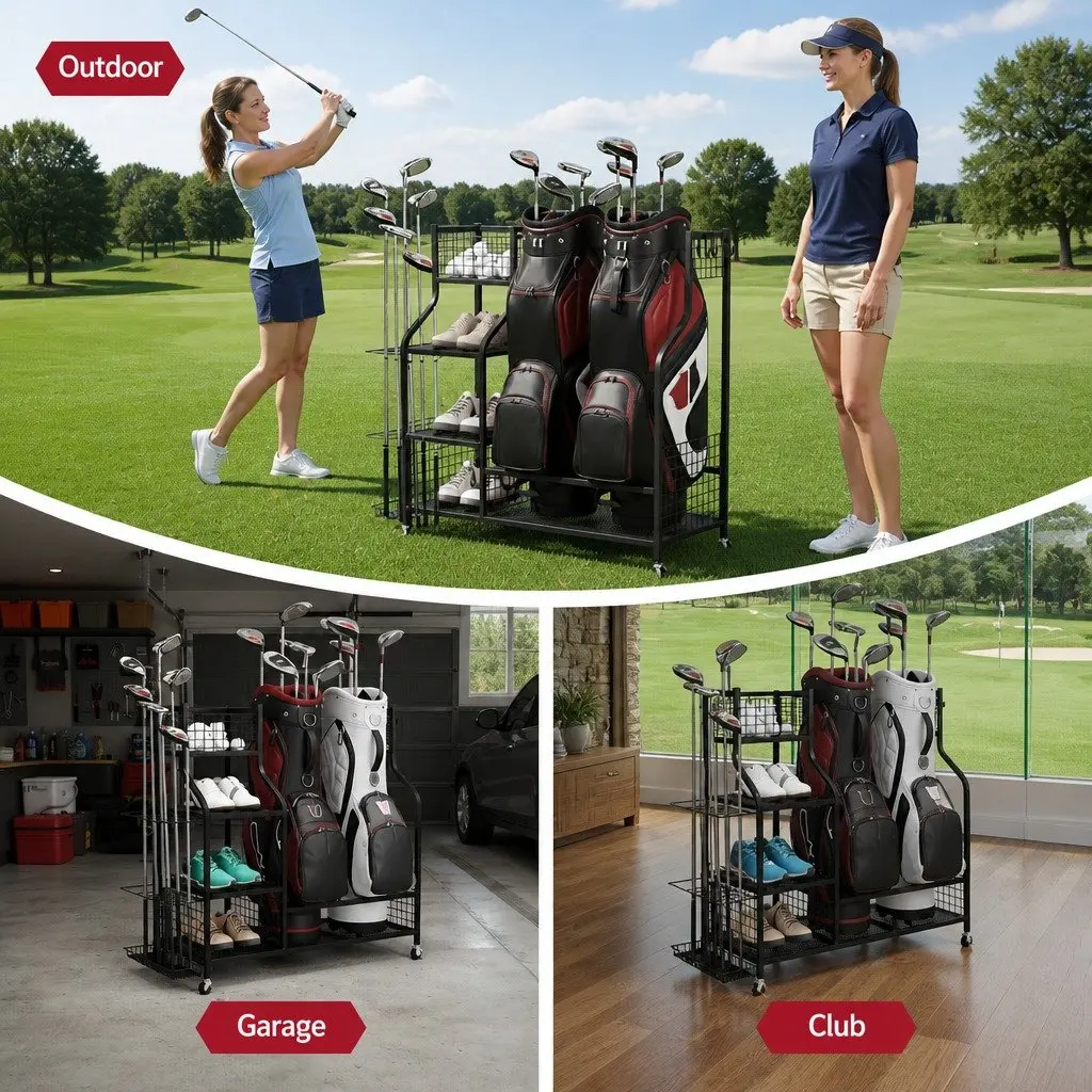 Golf Bag Storage Rack Organizer Mobile with Wheels Black
