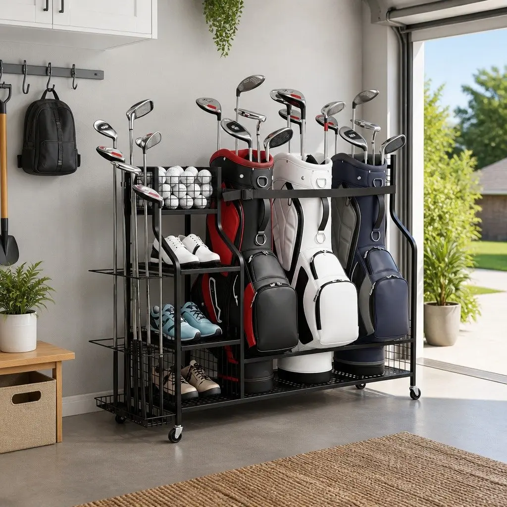 Golf Bag Storage Organizer Mobile Rack with Wheels 3 Bag Capacity Black Metal