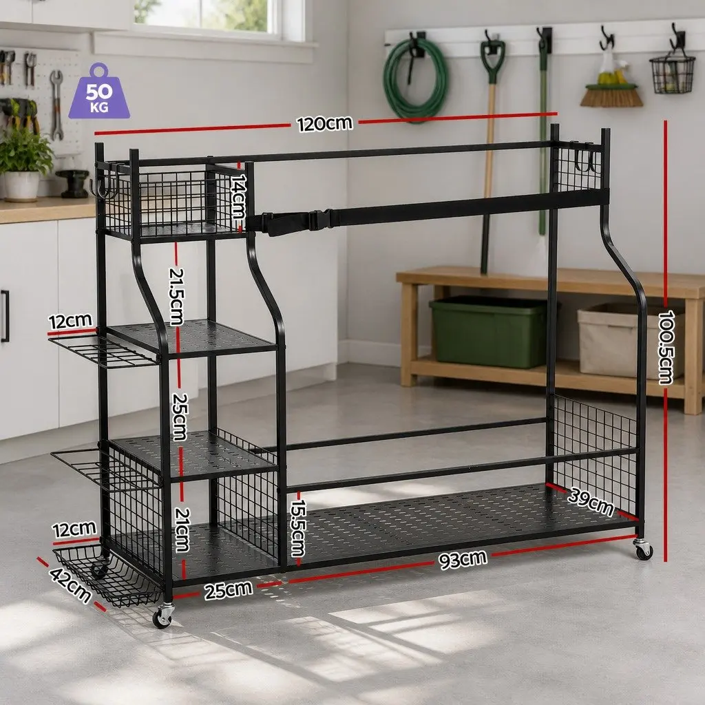 Golf Bag Storage Organizer Mobile Rack with Wheels 3 Bag Capacity Black Metal