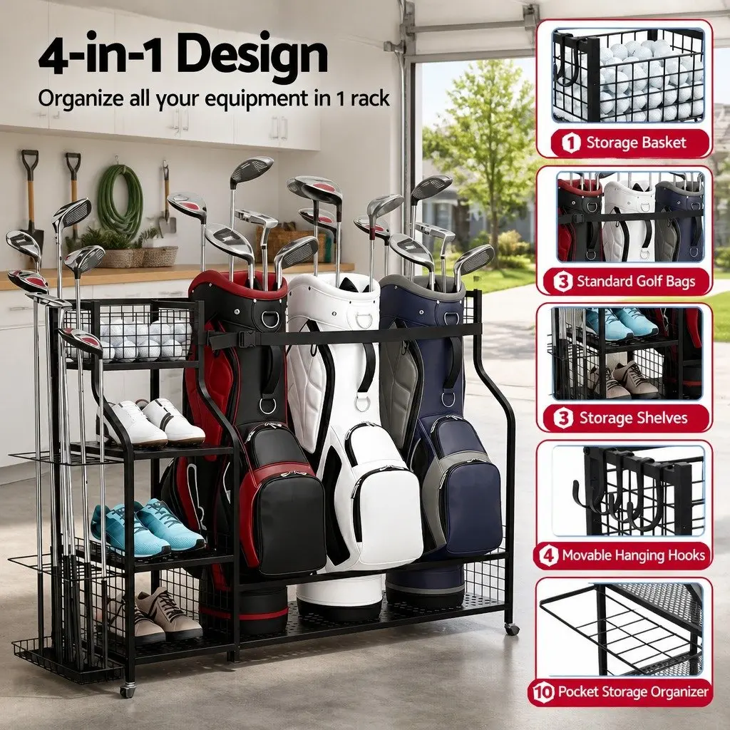 Golf Bag Storage Organizer Mobile Rack with Wheels 3 Bag Capacity Black Metal