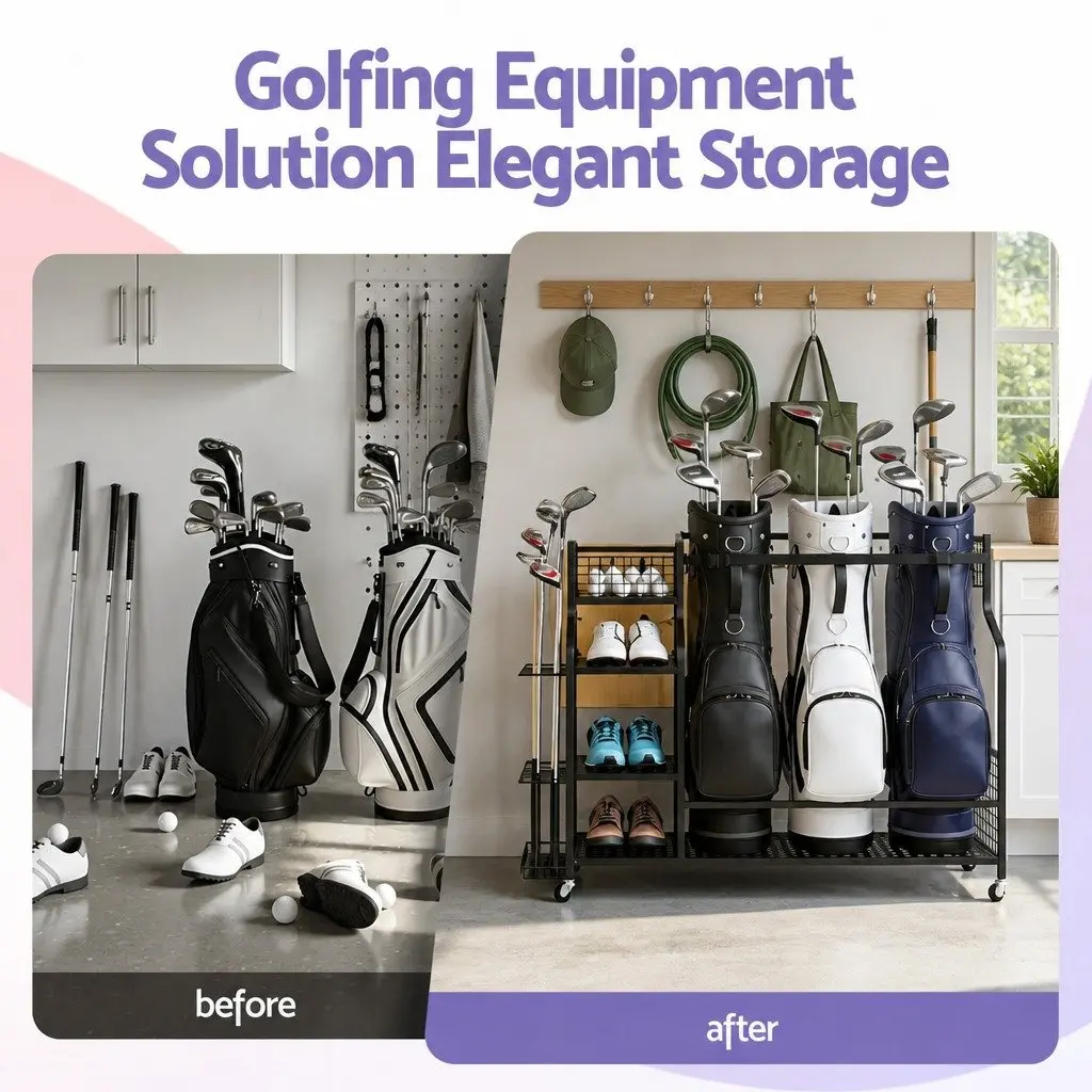 Golf Bag Storage Organizer Mobile Rack with Wheels 3 Bag Capacity Black Metal