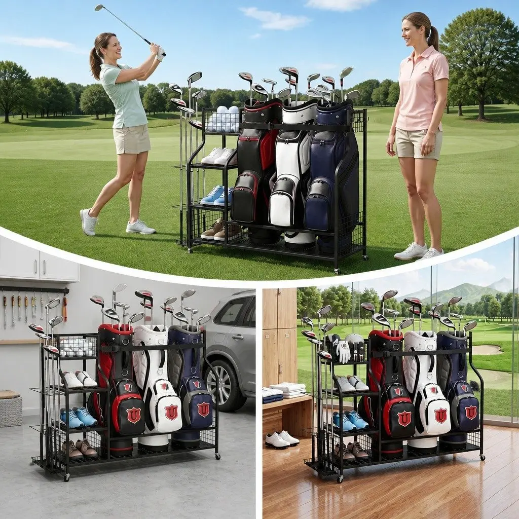 Golf Bag Storage Organizer Mobile Rack with Wheels 3 Bag Capacity Black Metal