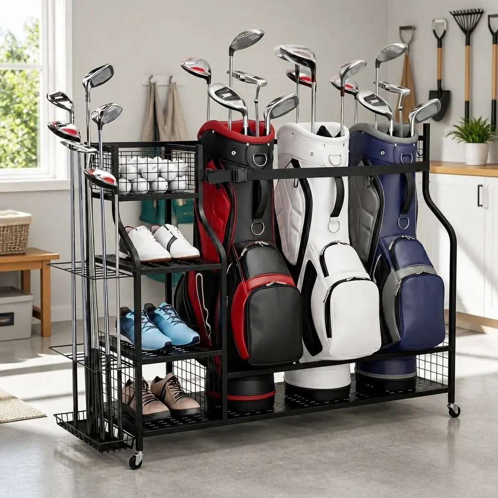 Golf Bag Storage Organizer Mobile Rack with Wheels 3 Bag Capacity Black Metal
