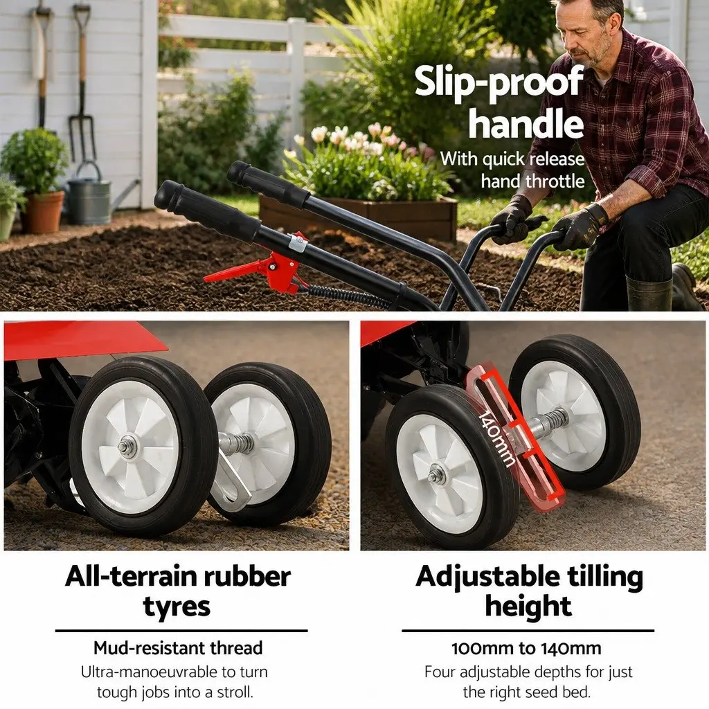 Hand-Held Garden Tiller Cultivator 63cc 2-Stroke Petrol Motor Soil Plougher