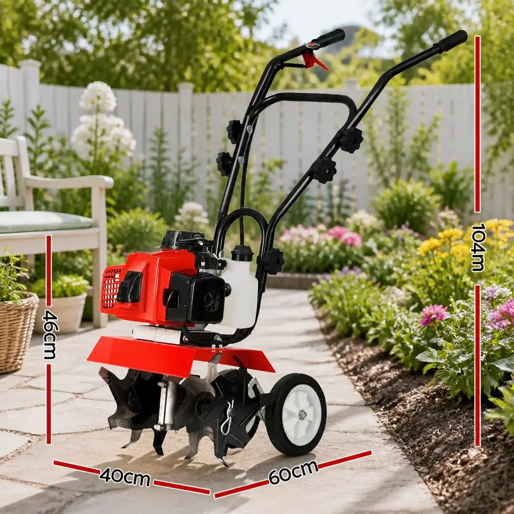 63cc Hand-held Garden Tiller Cultivator Rotary Hoe 4 Blades Soil Plower Tool Red