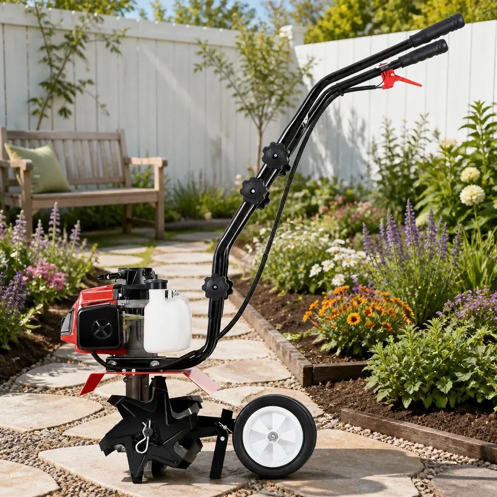 63cc Hand-held Garden Tiller Cultivator Rotary Hoe 4 Blades Soil Plower Tool Red