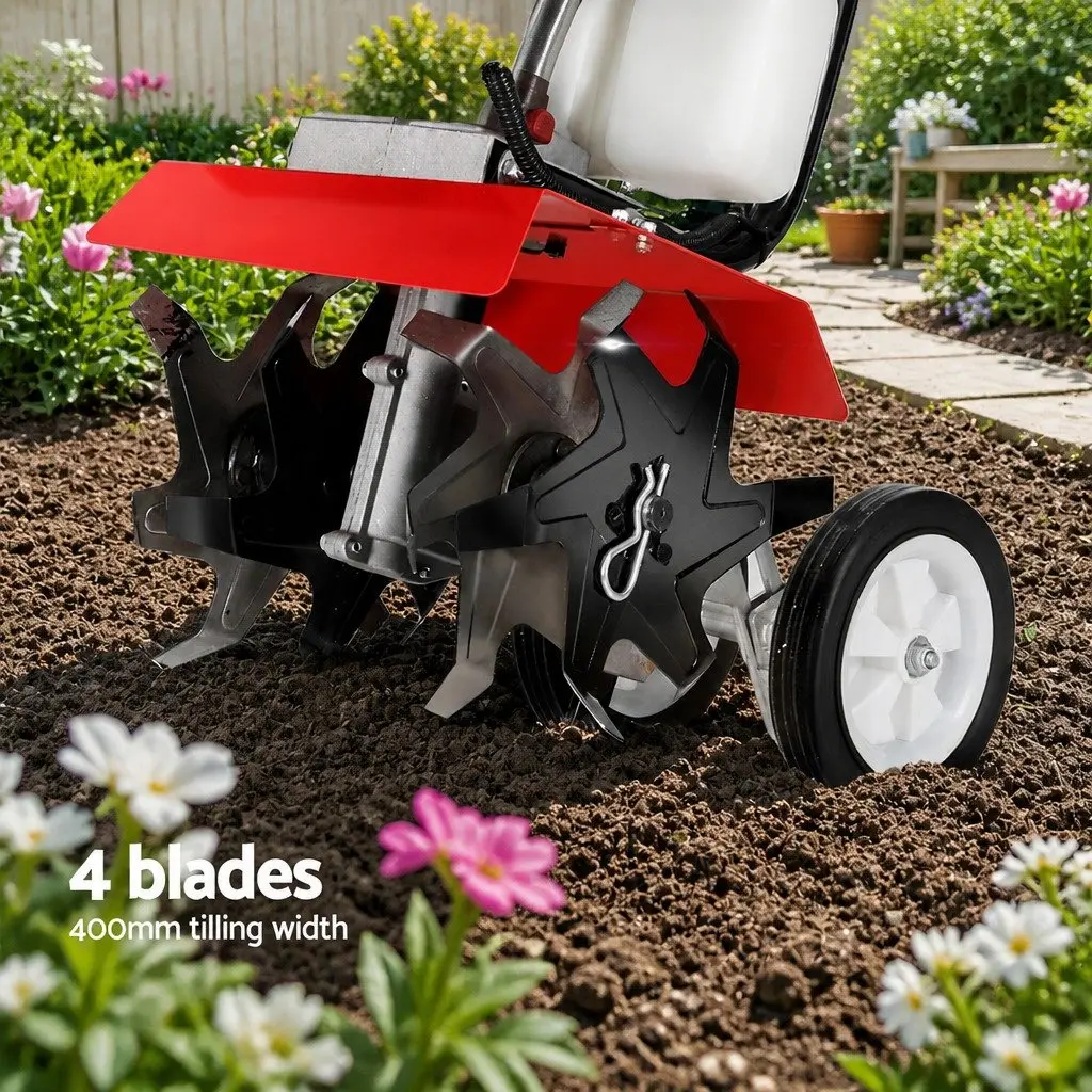 63cc Hand-held Garden Tiller Cultivator Rotary Hoe 4 Blades Soil Plower Tool Red