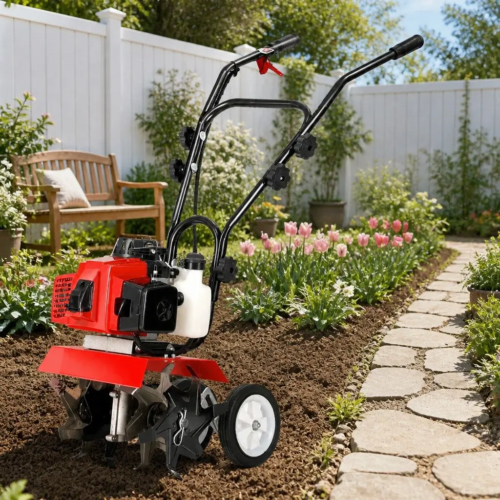 63cc Hand-held Garden Tiller Cultivator Rotary Hoe 4 Blades Soil Plower Tool Red