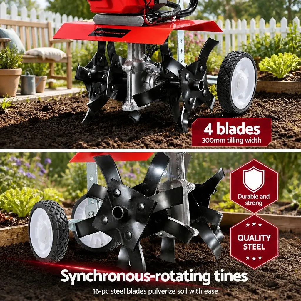 65cc Petrol Tiller Garden Cultivator 300mm Width Red