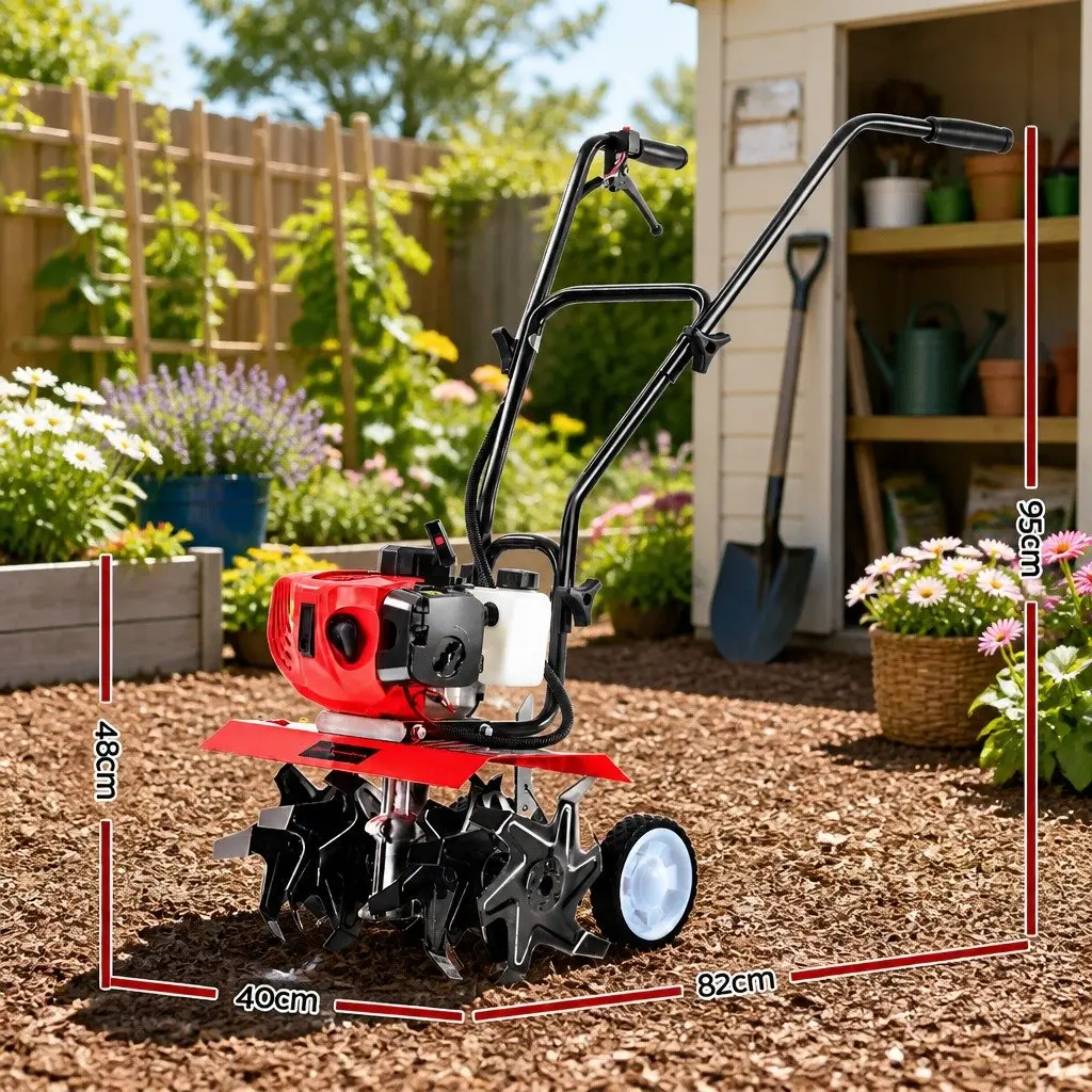 Hand-Held Tiller 65CC Garden Soil Cultivator 400mm Working Width Red
