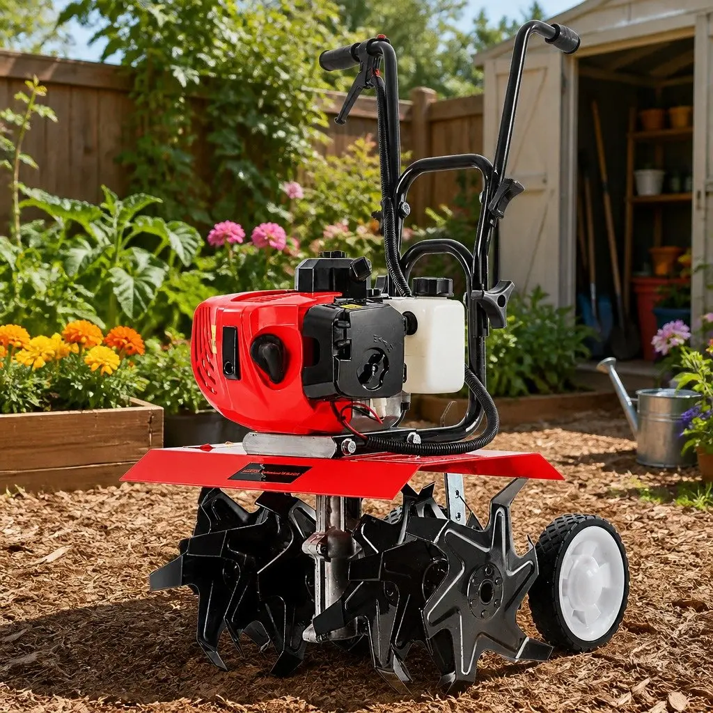Hand-Held Tiller 65CC Garden Soil Cultivator 400mm Working Width Red